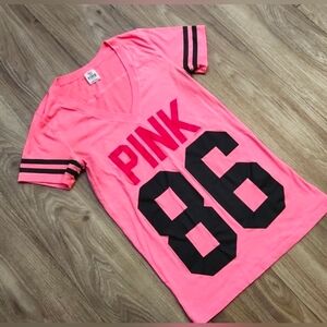 Victoria's Secret "86" Varsity Jersey Style V-Neck " PINK " Short Sleeve Shirt